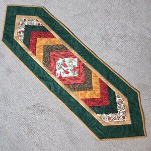 Handmade Quilted Christmas Table Runner Green Red Gold Cardinal Holly 52"X16"